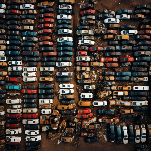 aerial photo of a junkyard with hundreds of cars