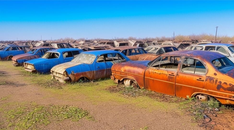 Scrapped cars sitting in a scrap yard