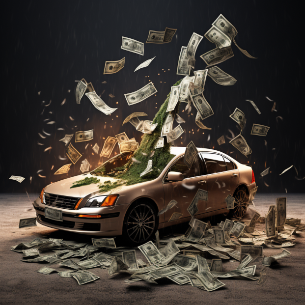 Car exploding with money