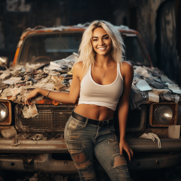 lady standing in front of junk car 