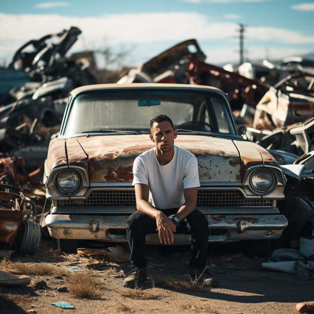 Man sitting in front of a junk car 