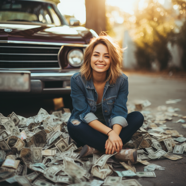 Woman sitting in pile of cash after selling her junk car